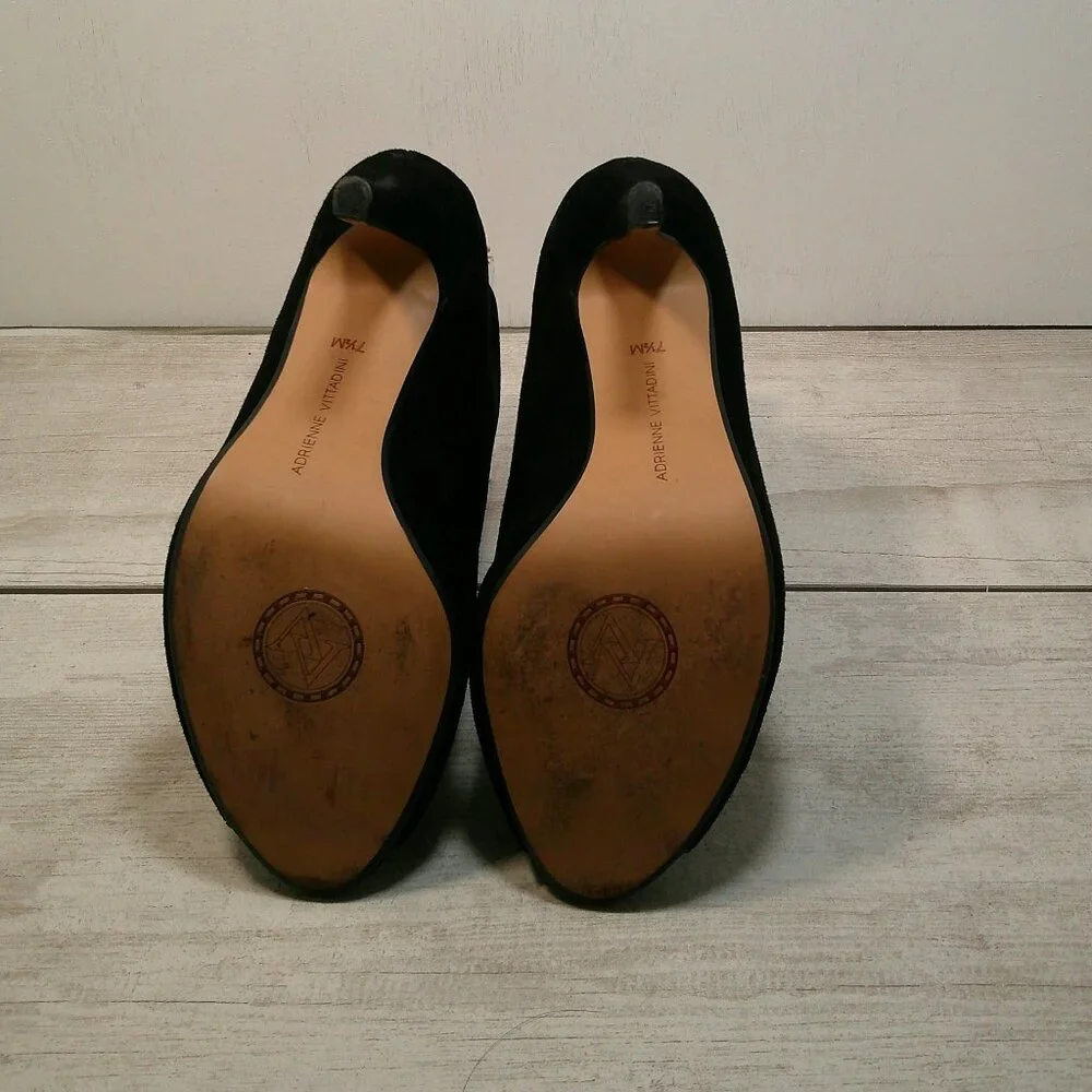 Womans Adrienne Vittadini Pumps Black Leather Suede Peep Toe Bootie Size 7.5M